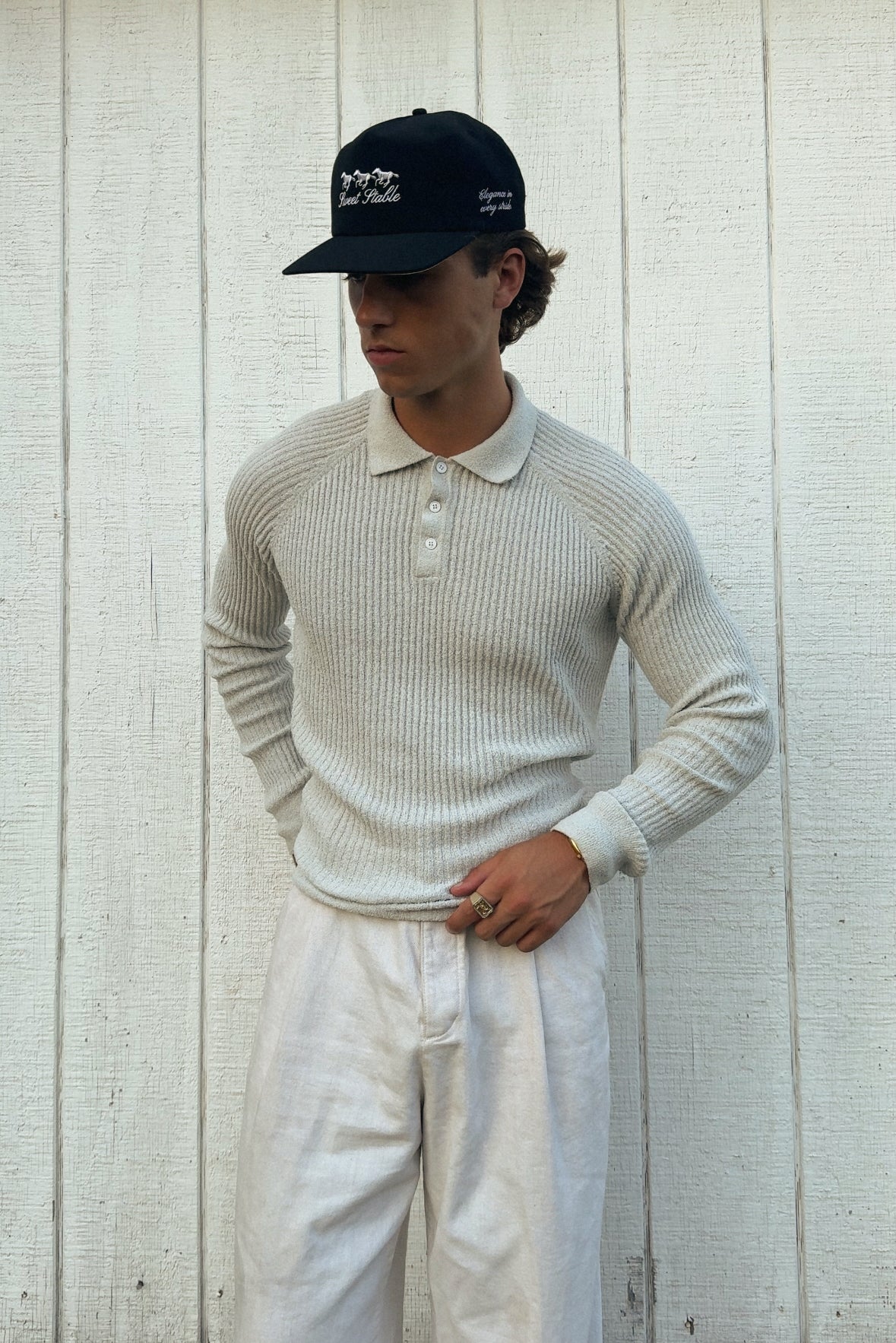 'SWEET GREY LONG SLEEVE RIBBED POLO'