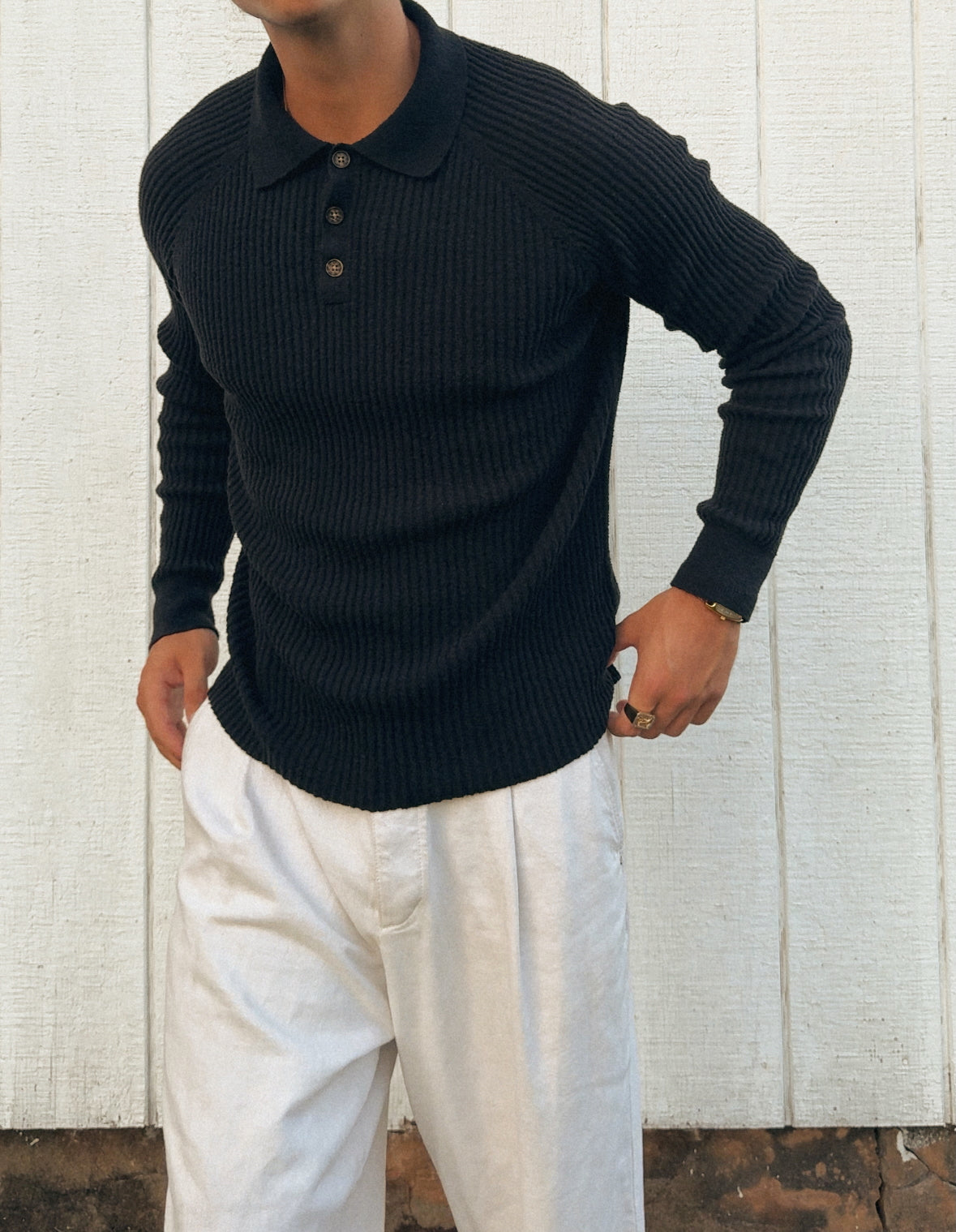 'SWEET BLACK LONG SLEEVE RIBBED POLO'