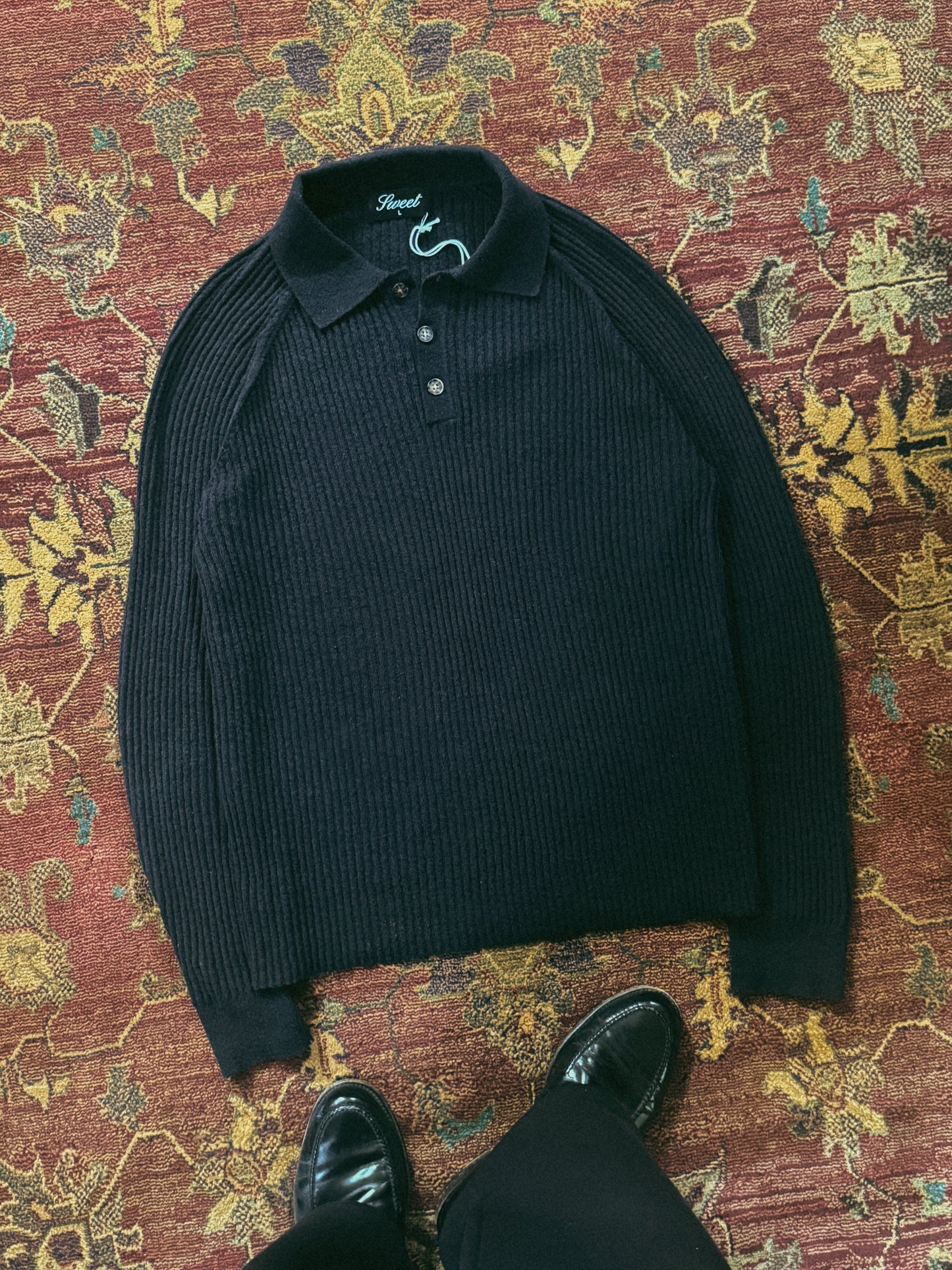 'SWEET BLACK LONG SLEEVE RIBBED POLO'